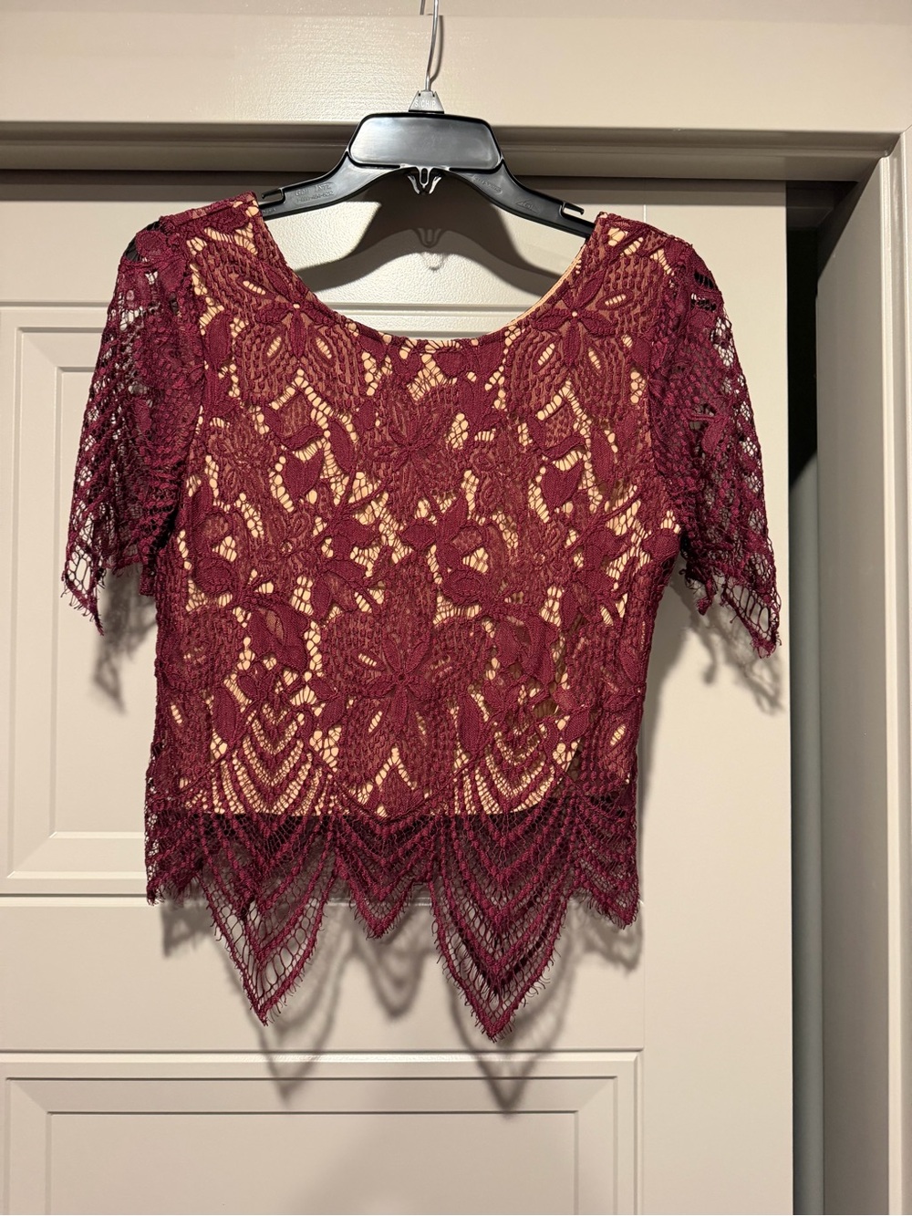 Express Lace Crop Top - Burgundy Crochet Overlay